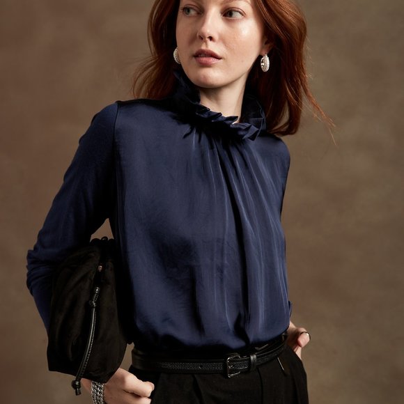 Banana Republic Mixed Media Ruffle Mock-Neck Top - Picture 1 of 11